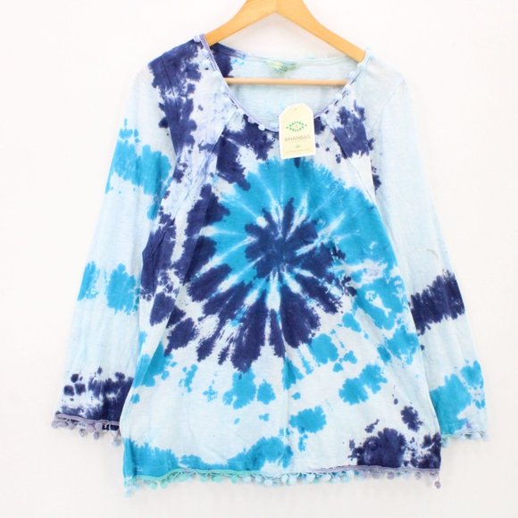 Anandas Collection Blouse Top Womens Blue Tie Dye Long Sleeve Bohemian Large L - Picture 1 of 10